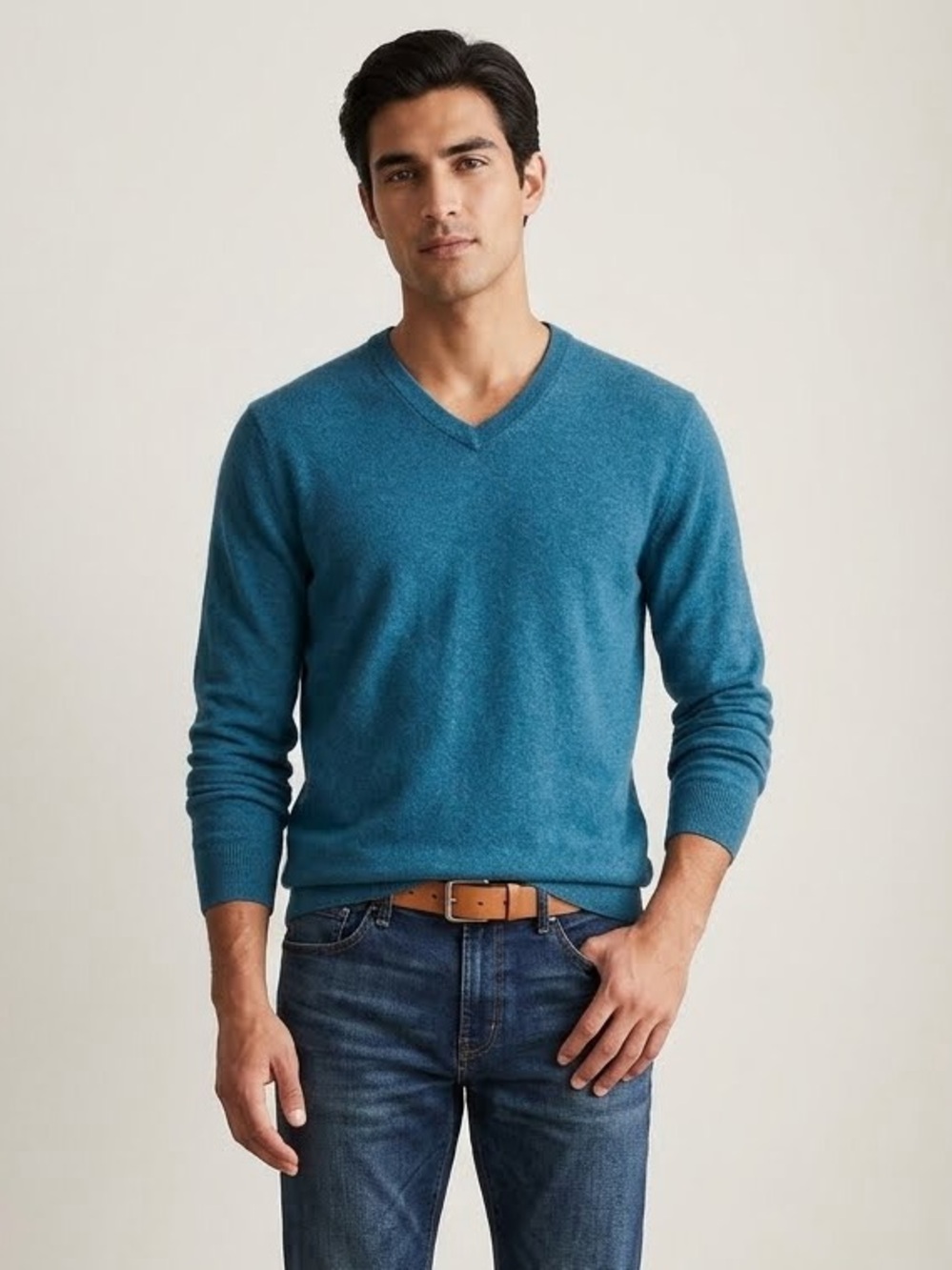 Nordstrom Men’s Cashmere Blend Teal Blue V-Neck Sweater • Size Large • EUC